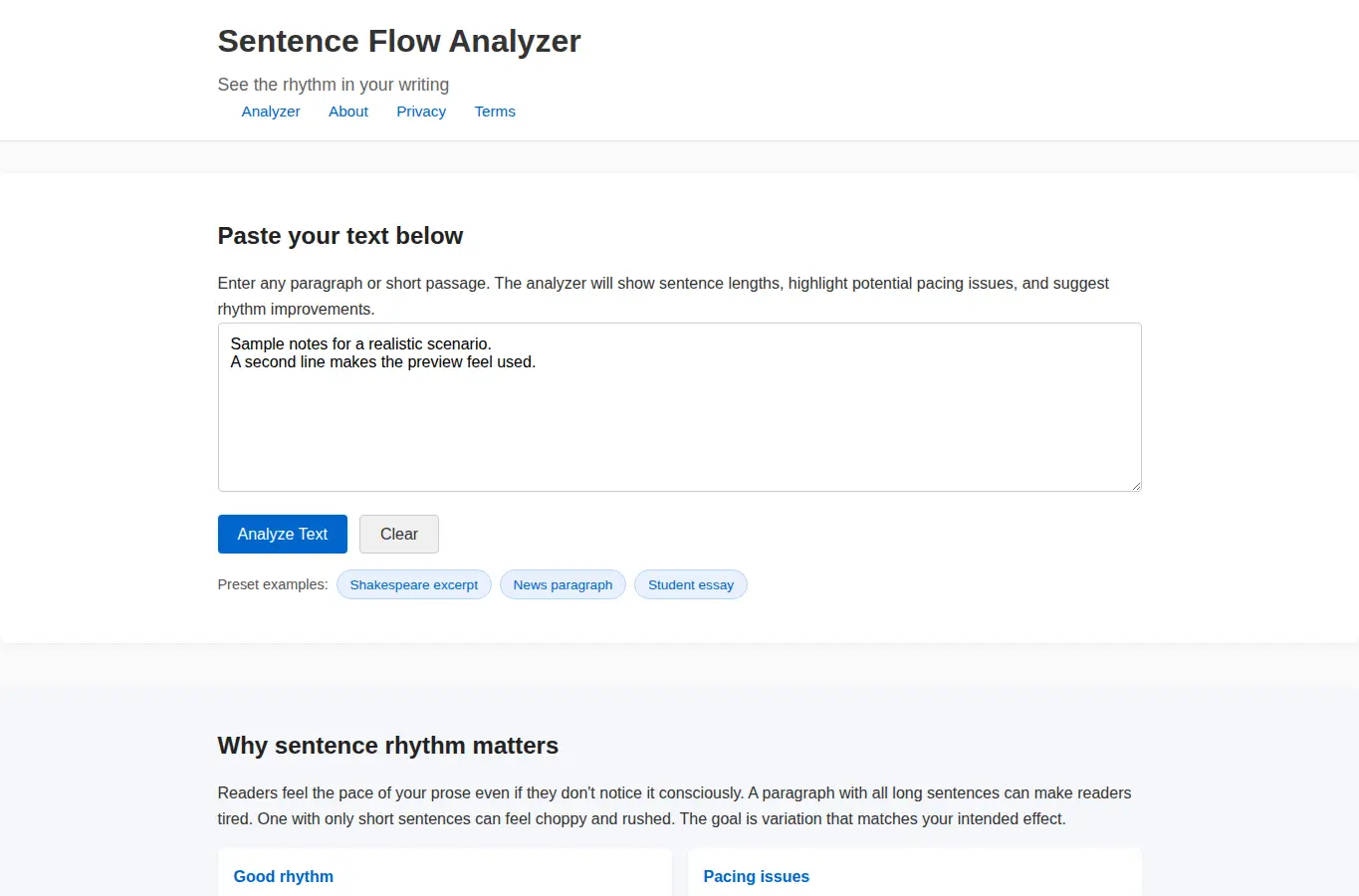 Screenshot of Sentence Flow Analyzer interface showing the project page in use